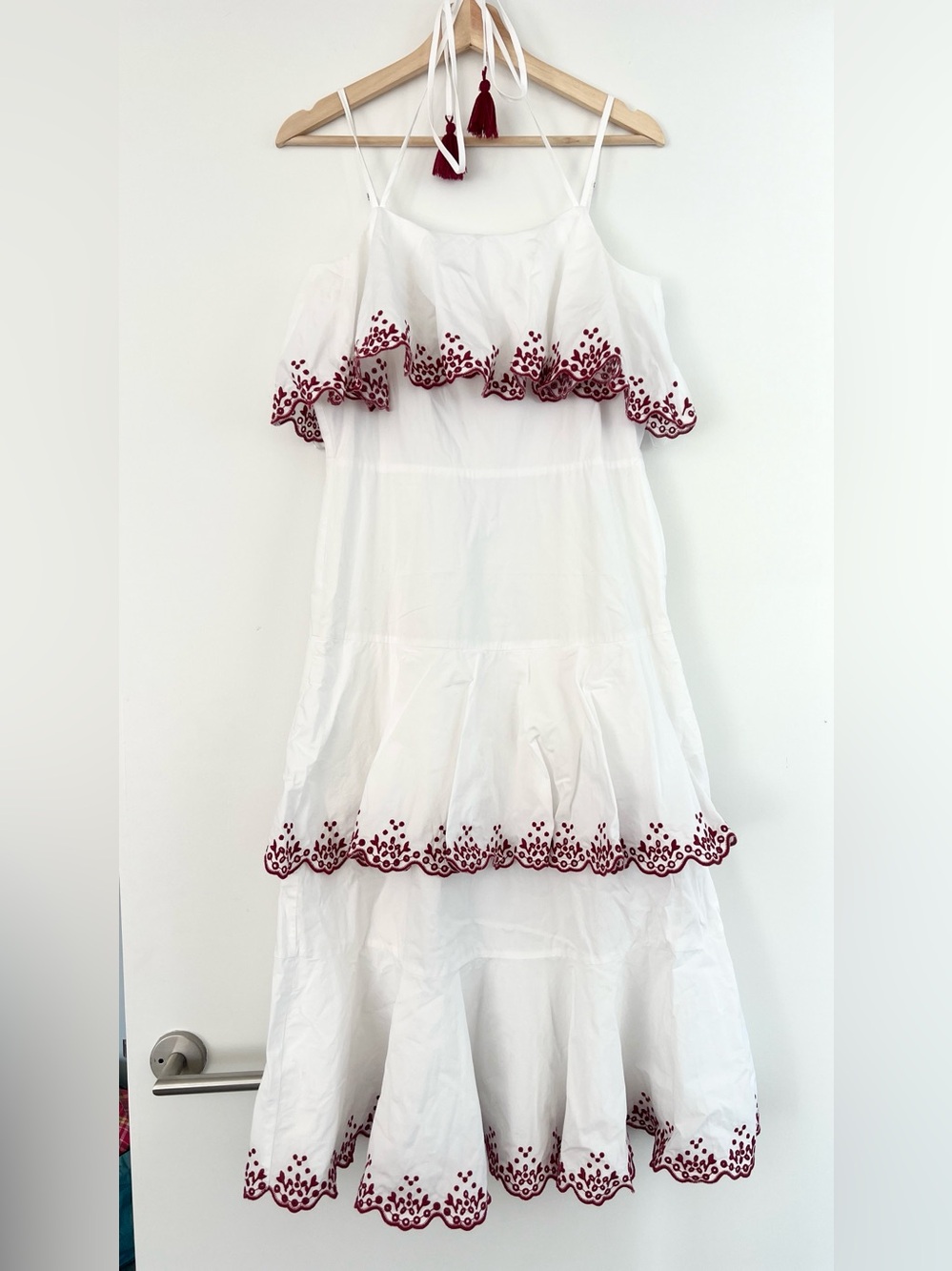 Rebecca Minkoff Tiered Ruffle Dress with Burgundy Embroidery